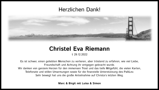 Anzeige von Christel Eva Riemann von Kölner Stadt-Anzeiger / Kölnische Rundschau / Express