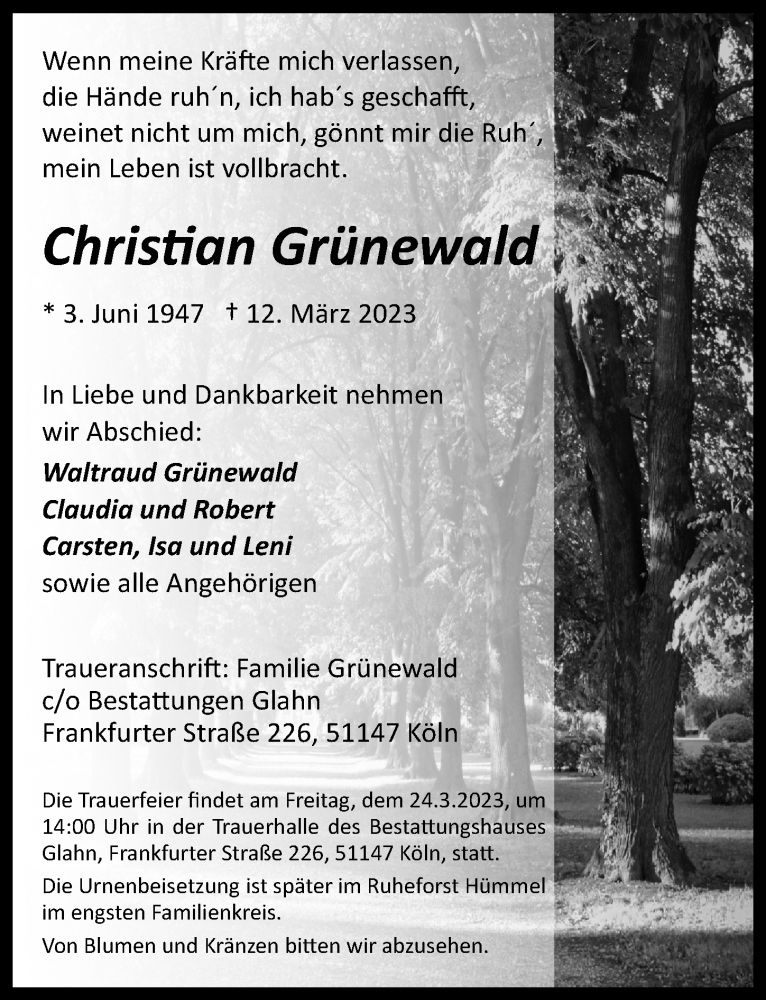  Traueranzeige für Christian Grünewald vom 17.03.2023 aus  EXPRESS - Die Woche 