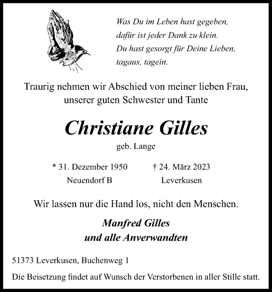 Anzeige von Christiane Gilles von Kölner Stadt-Anzeiger / Kölnische Rundschau / Express