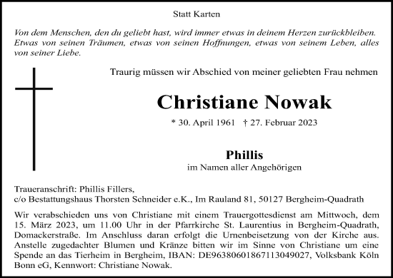 Anzeige von Christiane Nowak von Kölner Stadt-Anzeiger / Kölnische Rundschau / Express
