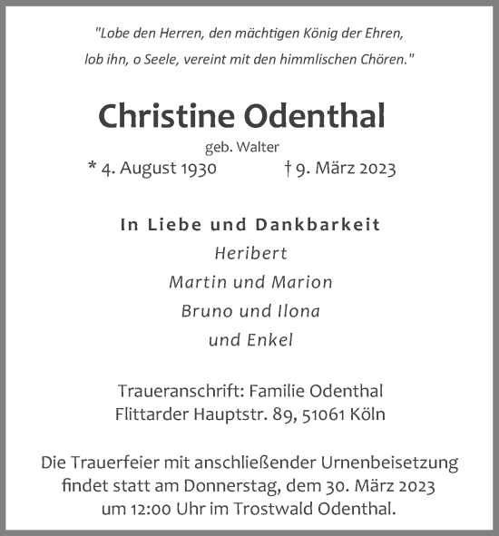 Anzeige von Christine Odenthal von Kölner Stadt-Anzeiger / Kölnische Rundschau / Express