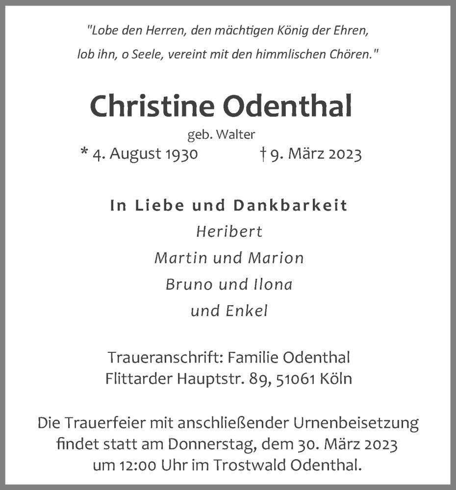  Traueranzeige für Christine Odenthal vom 25.03.2023 aus Kölner Stadt-Anzeiger / Kölnische Rundschau / Express
