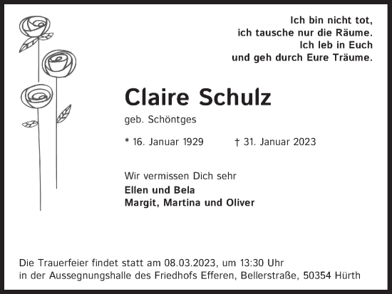 Anzeige von Claire Schulz von Kölner Stadt-Anzeiger / Kölnische Rundschau / Express