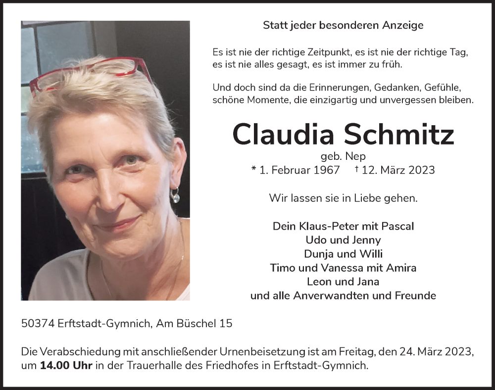  Traueranzeige für Claudia Schmitz vom 17.03.2023 aus  Werbepost 