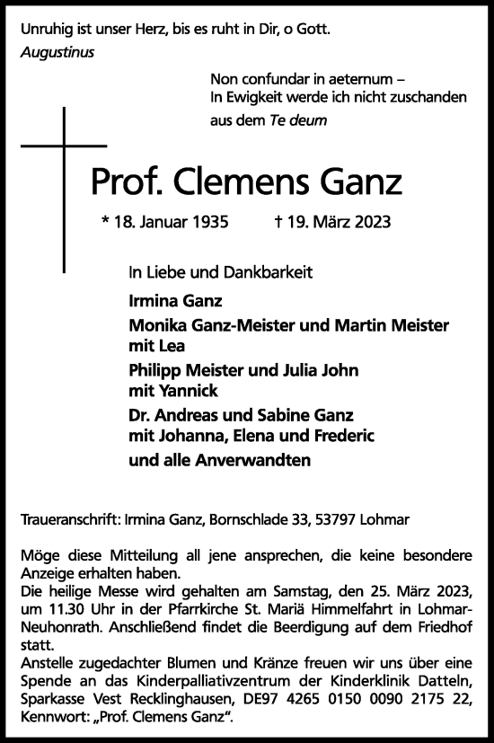 Anzeige von Clemes Ganz von Kölner Stadt-Anzeiger / Kölnische Rundschau / Express