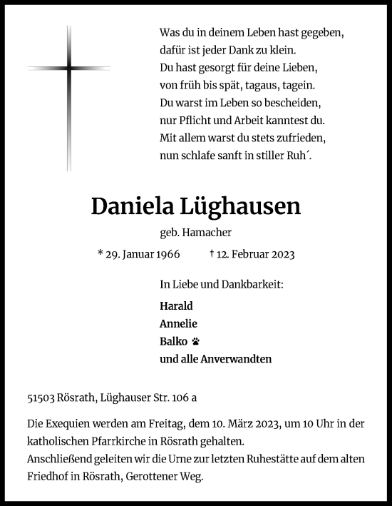 Anzeige von Daniela Lüghausen von Kölner Stadt-Anzeiger / Kölnische Rundschau / Express