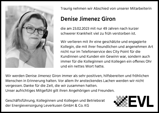 Anzeige von Denise Jimenez Giron von Kölner Stadt-Anzeiger / Kölnische Rundschau / Express
