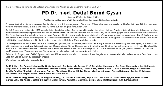 Anzeige von Detlef Bernd Gysan von Kölner Stadt-Anzeiger / Kölnische Rundschau / Express