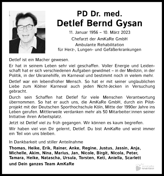 Anzeige von Detlef  Bernd Gysan von Kölner Stadt-Anzeiger / Kölnische Rundschau / Express