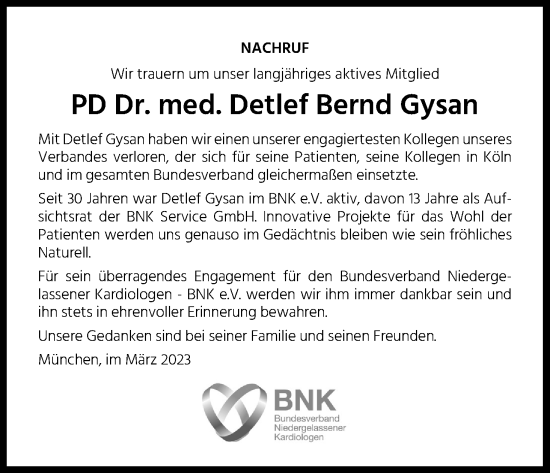 Anzeige von Detlef Bernd  Gysan von Kölner Stadt-Anzeiger / Kölnische Rundschau / Express