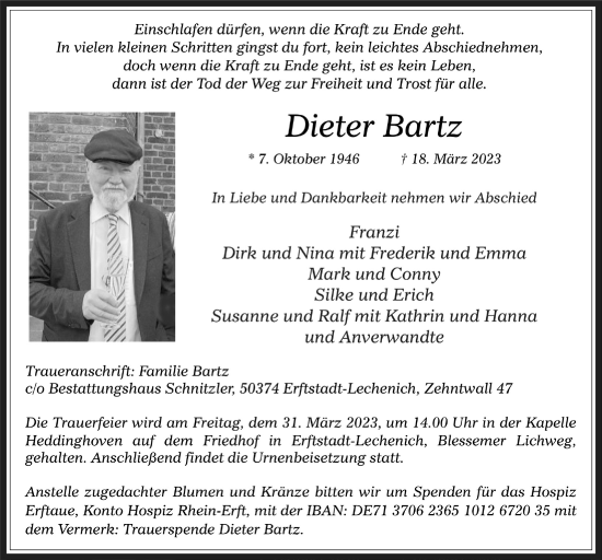 Anzeige von Dieter Bartz von  Werbepost 