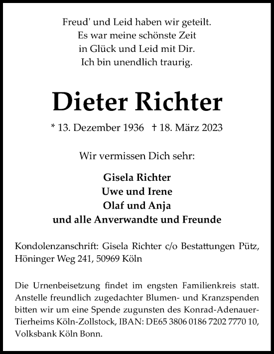 Anzeige von Dieter Richter von Kölner Stadt-Anzeiger / Kölnische Rundschau / Express