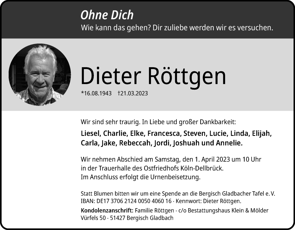  Traueranzeige für Dieter Röttgen vom 25.03.2023 aus Kölner Stadt-Anzeiger / Kölnische Rundschau / Express