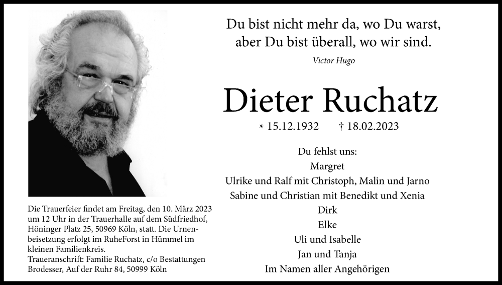  Traueranzeige für Dieter Ruchatz vom 03.03.2023 aus Kölner Stadt-Anzeiger / Kölnische Rundschau / Express