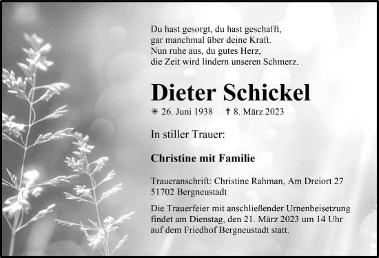 Anzeige von Dieter Schickel von  Anzeigen Echo 