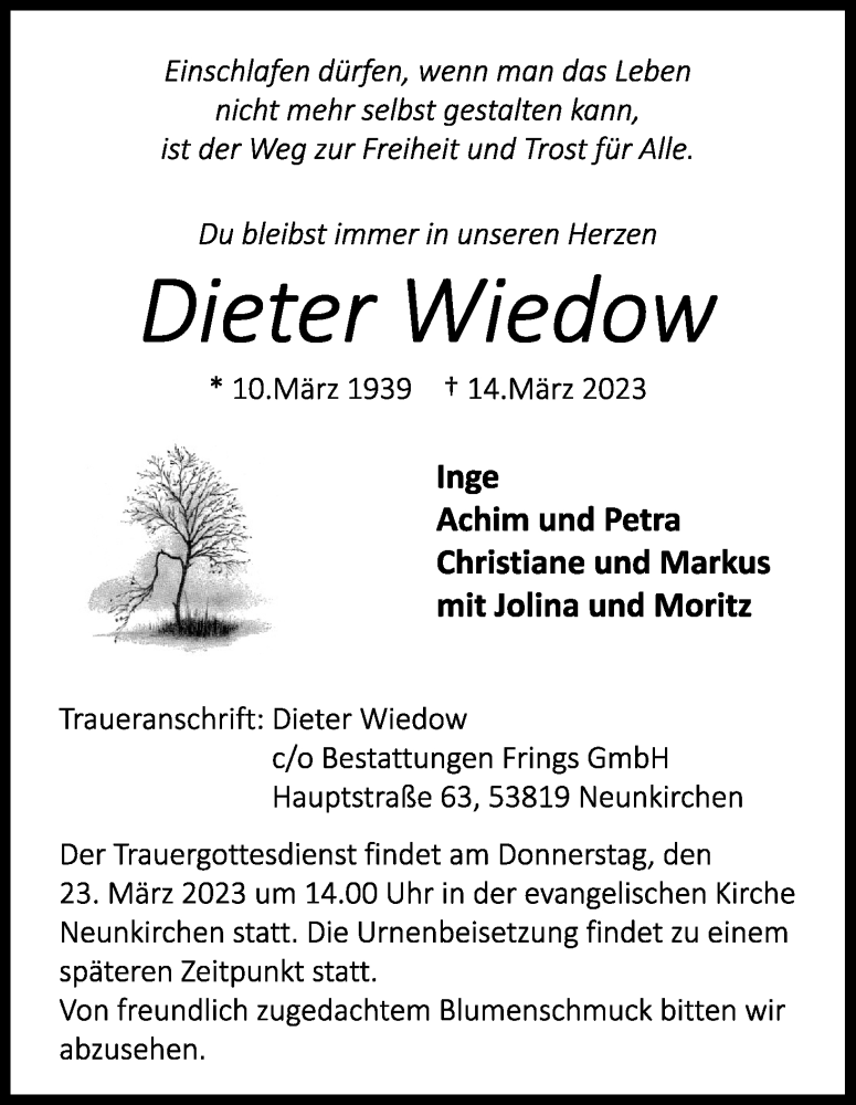  Traueranzeige für Dieter Wiedow vom 18.03.2023 aus Kölner Stadt-Anzeiger / Kölnische Rundschau / Express