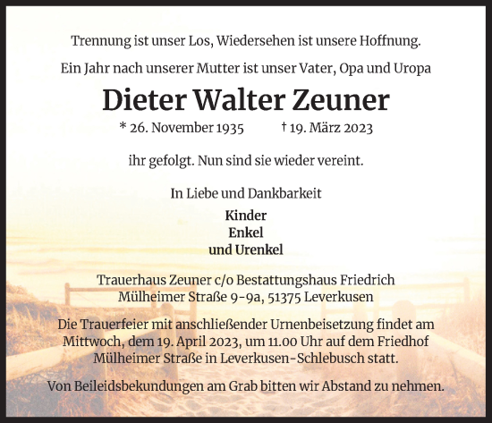 Anzeige von Dieter Walter Zeuner von Kölner Stadt-Anzeiger / Kölnische Rundschau / Express