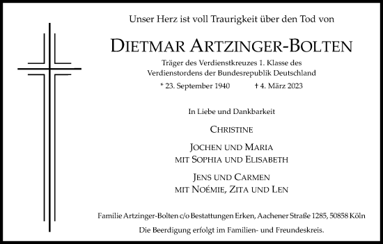 Anzeige von Dietmar Artzinger-Bolten von Kölner Stadt-Anzeiger / Kölnische Rundschau / Express
