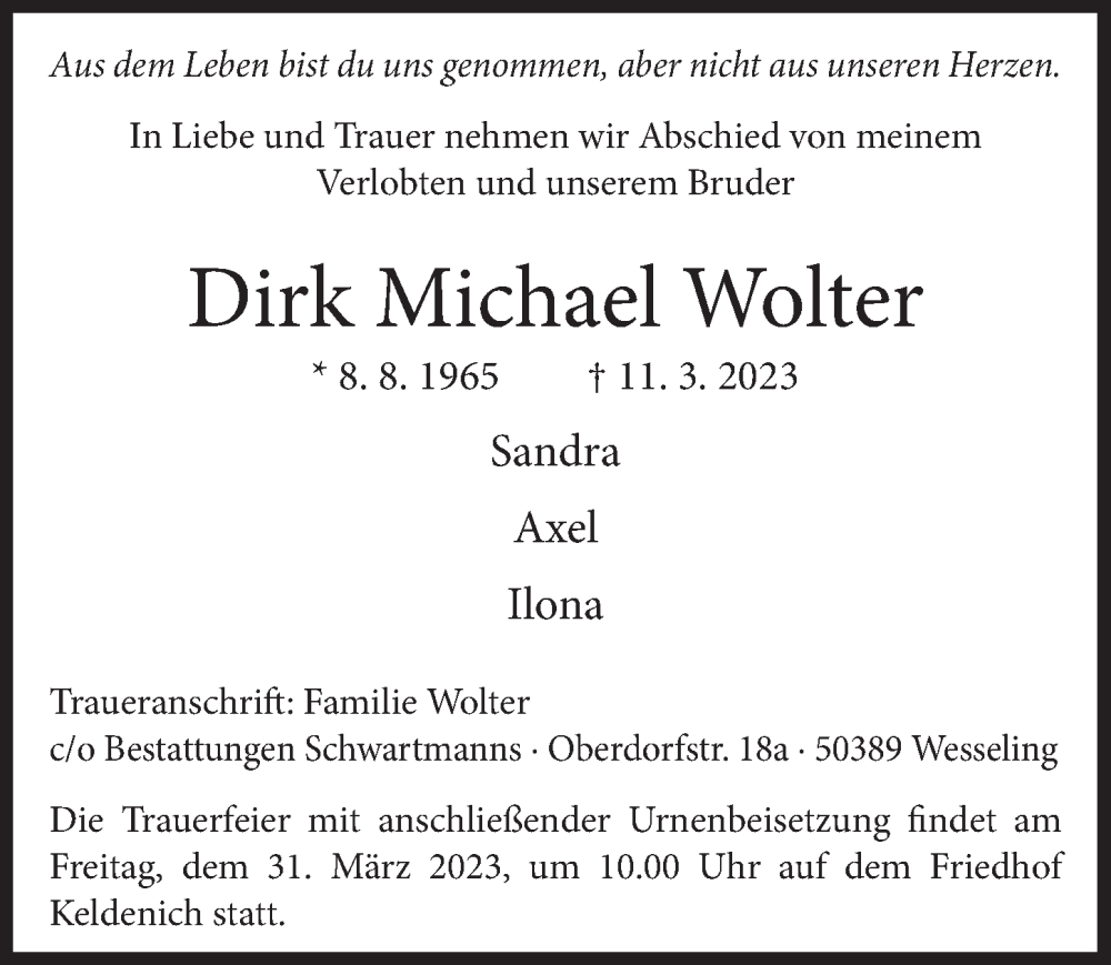  Traueranzeige für Dirk Michael Wolter vom 24.03.2023 aus  Schlossbote/Werbekurier 