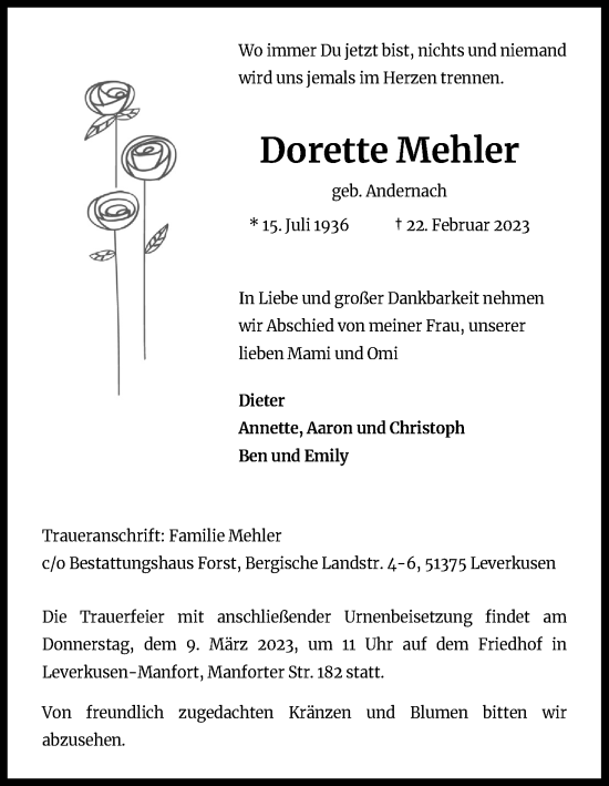 Anzeige von Dorette Mehler von Kölner Stadt-Anzeiger / Kölnische Rundschau / Express
