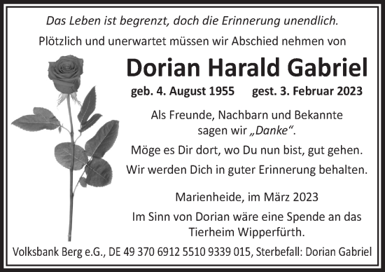 Anzeige von Dorian Harald Gabriel von  Anzeigen Echo 