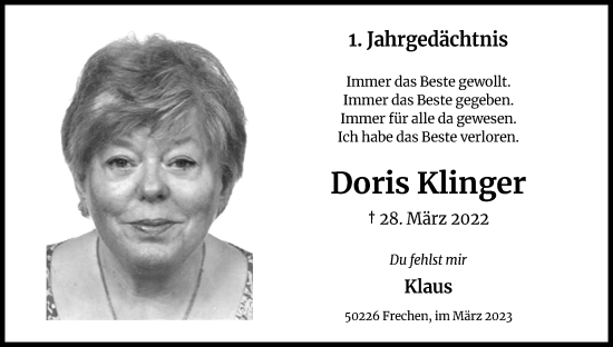 Anzeige von Doris Klinger von Kölner Stadt-Anzeiger / Kölnische Rundschau / Express