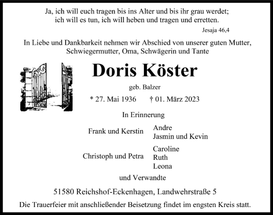 Anzeige von Doris Köster von  Anzeigen Echo 