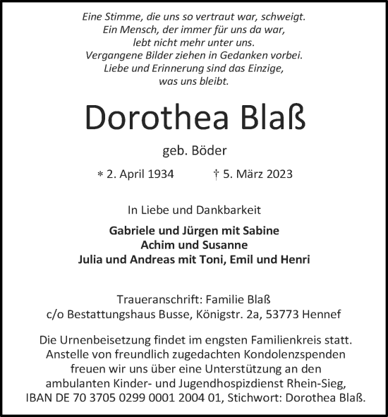Anzeige von Dorothea Blaß von Kölner Stadt-Anzeiger / Kölnische Rundschau / Express
