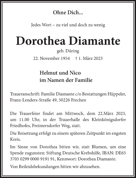 Anzeige von Dorothea Diamante von  Wochenende 