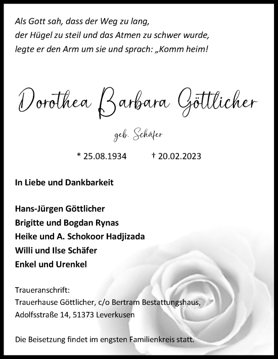 Anzeige von Dorothea Barbara Göttlicher von Kölner Stadt-Anzeiger / Kölnische Rundschau / Express