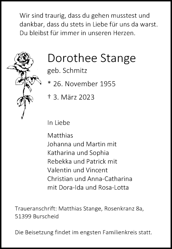  Traueranzeige für Dorothee Stange vom 11.03.2023 aus Kölner Stadt-Anzeiger / Kölnische Rundschau / Express