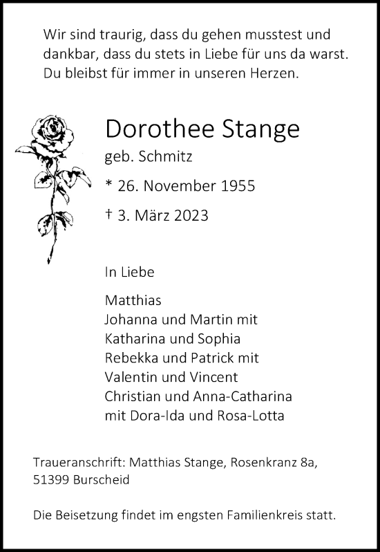 Anzeige von Dorothee Stange von Kölner Stadt-Anzeiger / Kölnische Rundschau / Express