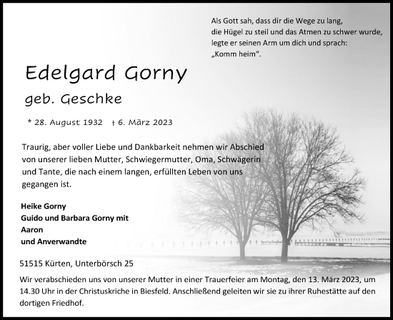 Anzeige von Edelgard Gorny von Kölner Stadt-Anzeiger / Kölnische Rundschau / Express