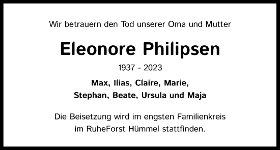 Anzeige von Eleonore Philipsen von Kölner Stadt-Anzeiger / Kölnische Rundschau / Express