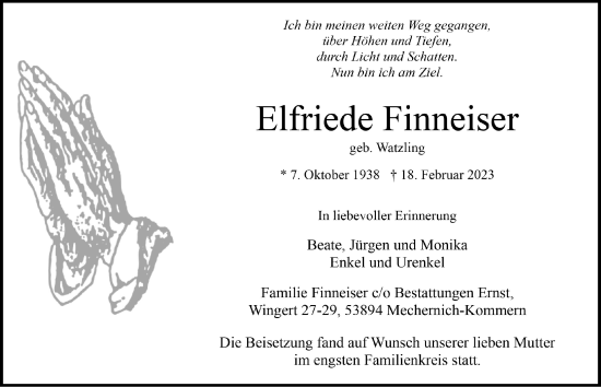 Anzeige von Elfriede Finneiser von  Blickpunkt Euskirchen 