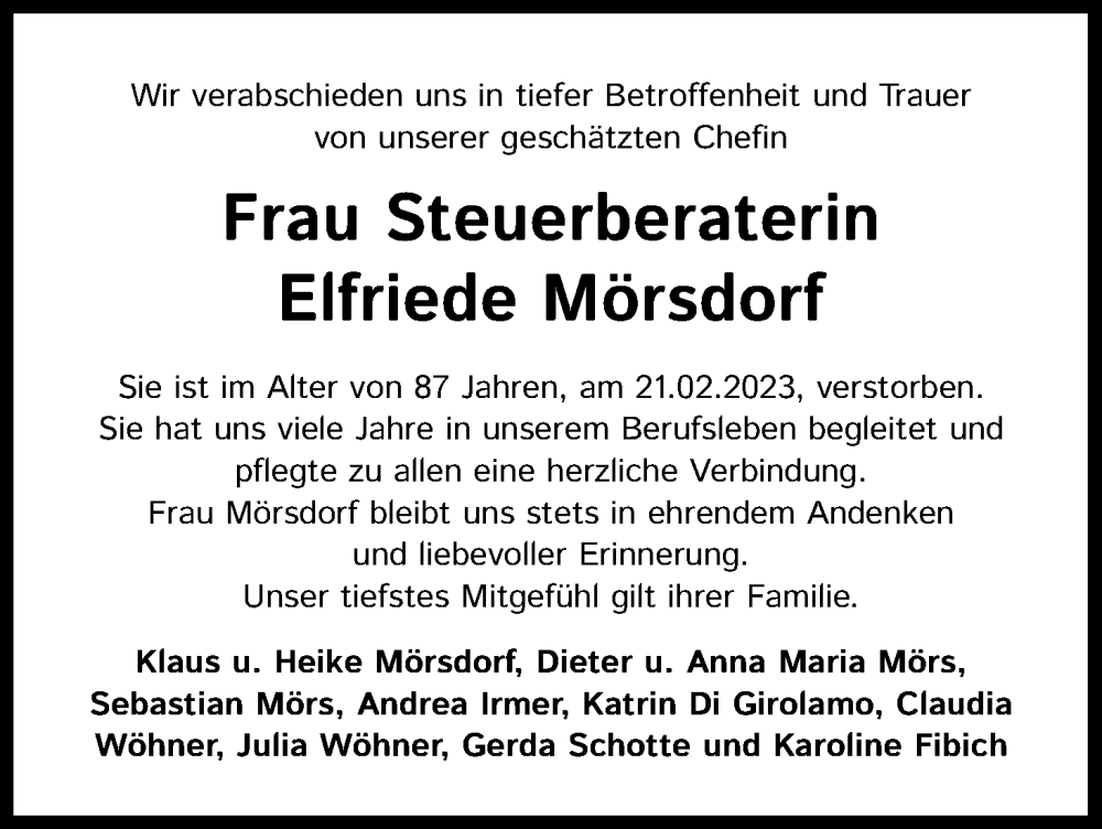  Traueranzeige für Ingo, Elfriede & Monika Mörsdorf vom 04.03.2023 aus Kölner Stadt-Anzeiger / Kölnische Rundschau / Express