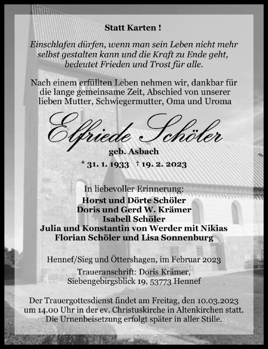 Anzeige von Elfriede Schöler von  Lokalanzeiger 