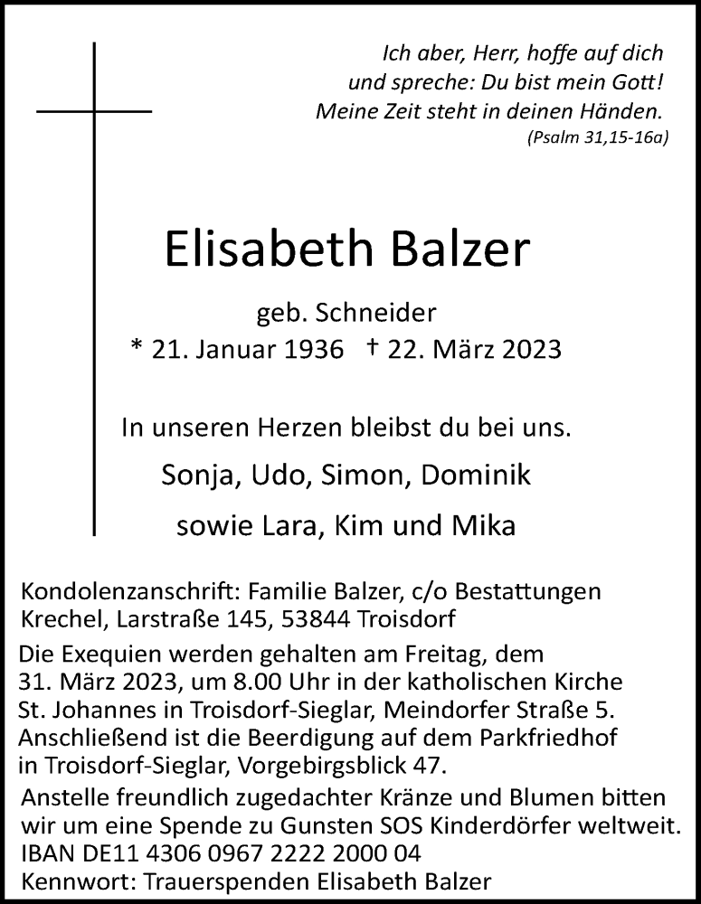  Traueranzeige für Elisabeth Balzer vom 28.03.2023 aus Kölner Stadt-Anzeiger / Kölnische Rundschau / Express
