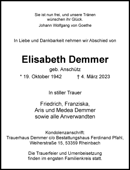 Anzeige von Elisabeth Demmer von  Schaufenster/Blickpunkt 