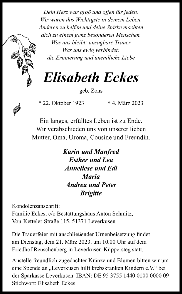  Traueranzeige für Elisabeth Eckes vom 15.03.2023 aus Kölner Stadt-Anzeiger / Kölnische Rundschau / Express