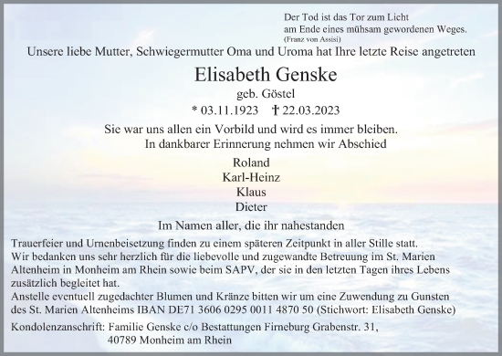 Anzeige von Elisabeth Genske von Kölner Stadt-Anzeiger / Kölnische Rundschau / Express