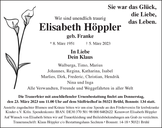 Anzeige von Elisabeth Höppler von  Schlossbote/Werbekurier 