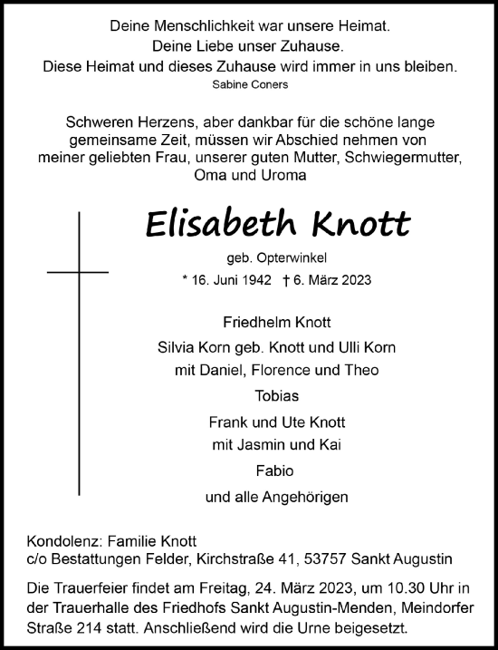 Anzeige von Elisabeth Knott von  Extra Blatt 