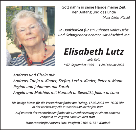 Anzeige von Elisabeth Lutz von Kölner Stadt-Anzeiger / Kölnische Rundschau / Express