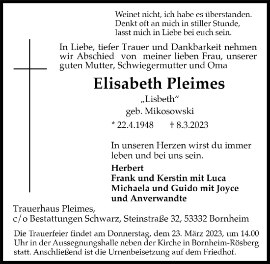 Anzeige von Elisabeth Pleimes von  Schaufenster/Blickpunkt 