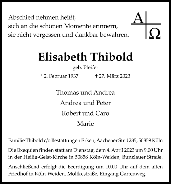 Anzeige von Elisabeth Thibold von Kölner Stadt-Anzeiger / Kölnische Rundschau / Express