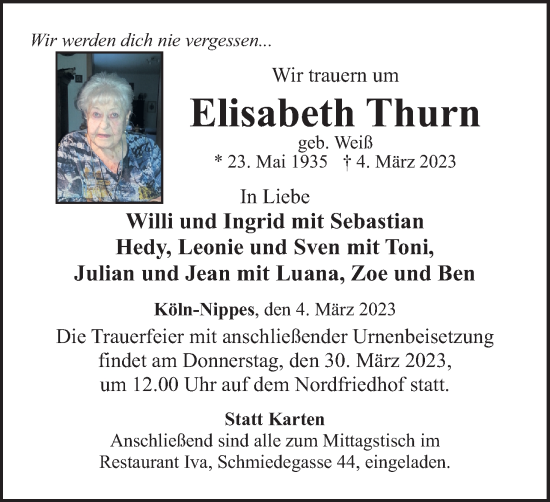 Anzeige von Elisabeth Thurn von Kölner Stadt-Anzeiger / Kölnische Rundschau / Express