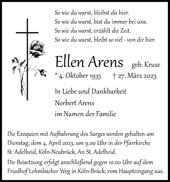 Anzeige von Ellen Arens von Kölner Stadt-Anzeiger / Kölnische Rundschau / Express
