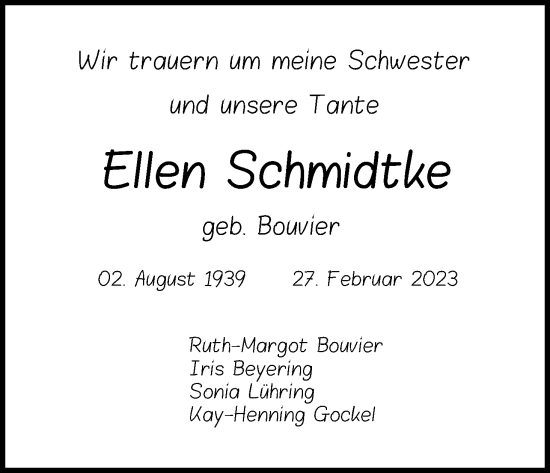Anzeige von Ellen Schmidtte von Kölner Stadt-Anzeiger / Kölnische Rundschau / Express