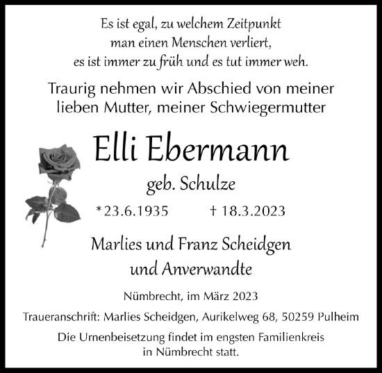Anzeige von Elli Ebermann von  Lokalanzeiger 